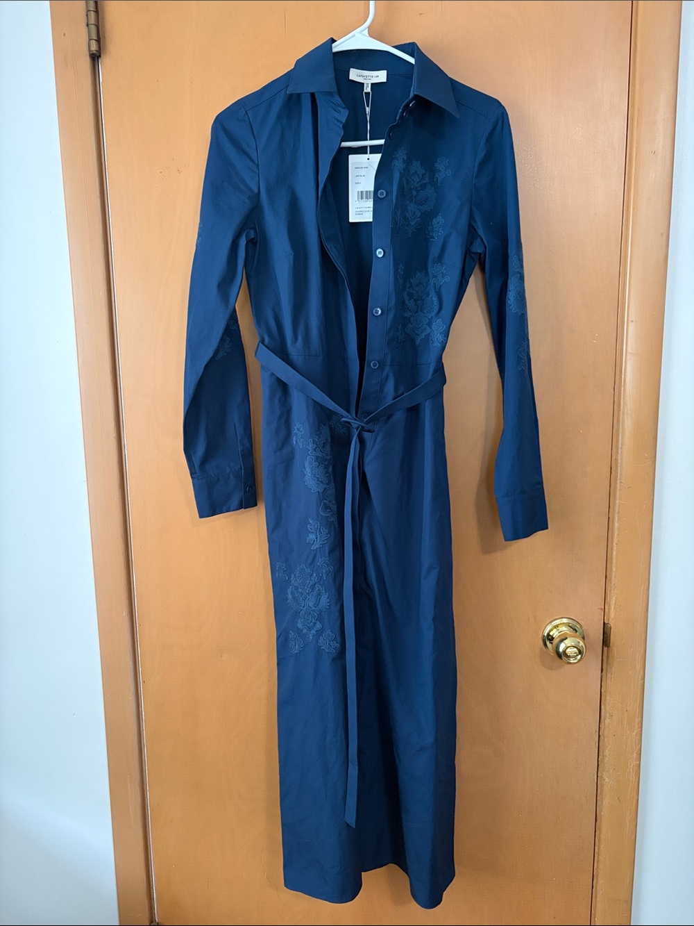 Lafayette 148 New York Navy Long-Sleeve Shirt Dress with Self Tie